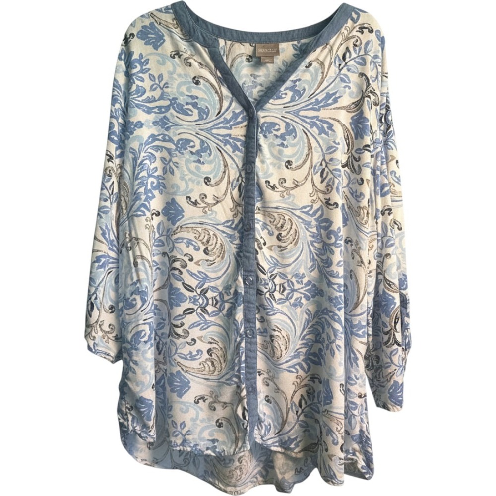 Chicos Blue Paisley Tab Sleeve Button Front Tunic Top Womens Size 3 Large XL